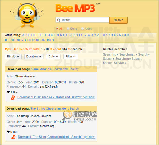 小蜜蜂音乐搜索引擎搜索结果页面图