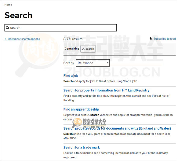 Gov.uk:英国官方信息搜索引擎搜索结果页面图