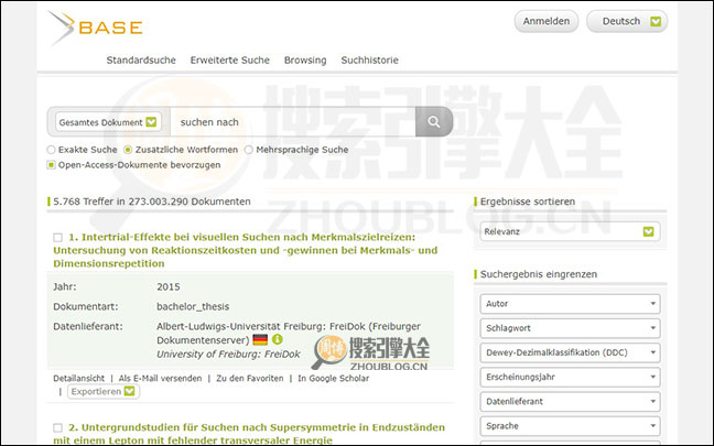 Base Search:德国比勒费尔德学术搜索引擎搜索结果页