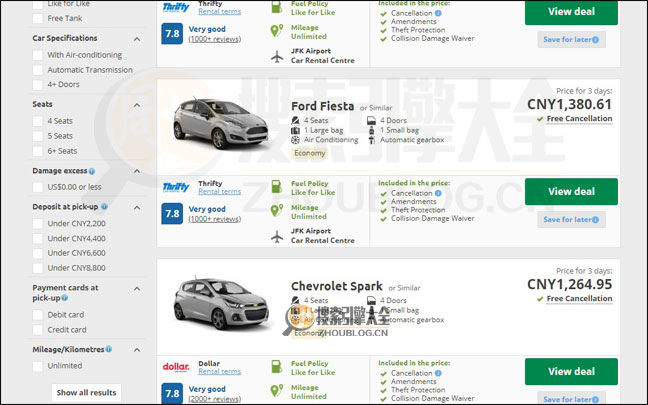 Rentalcars搜索结果页面图2
