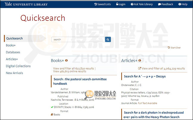 耶鲁大学图书馆搜索结果页面图