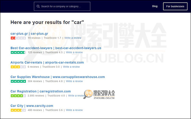 Trustpilot搜索结果页面图