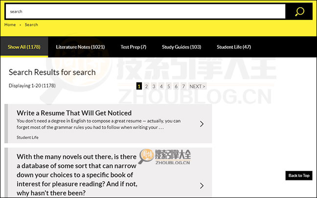 CliffsNotes搜索结果页面图