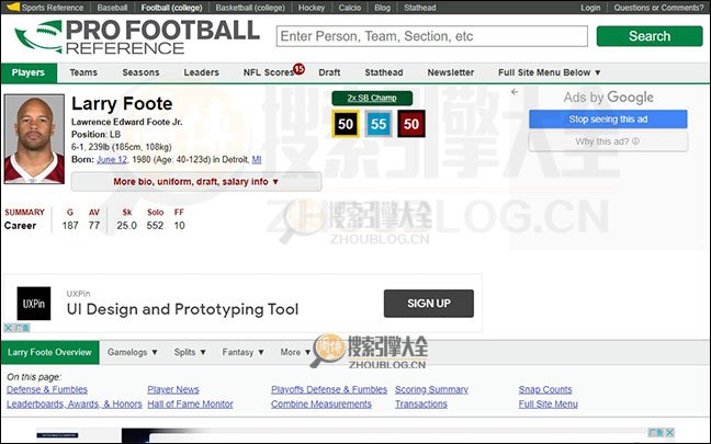 Pro Football Reference搜索结果页面图